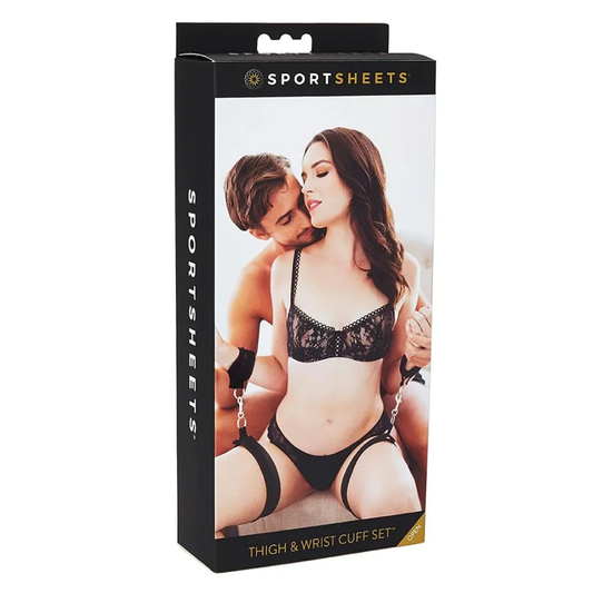 Sportsheets Thigh and Wrist Cuffs – black neoprene bondage cuffs with adjustable straps and nickel-free hardware for versatile restraint play.