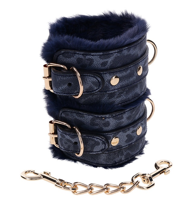 Navy blue faux fur bondage handcuffs with gold hardware by Sex & Mischief