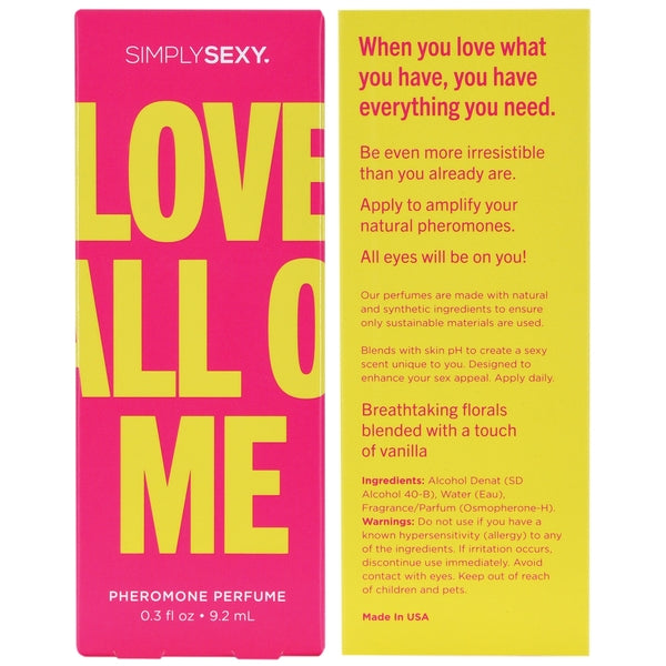 Simply Sexy Love All Of Me Pheromone Perfume – travel-size bottle with floral-vanilla scent, designed to enhance your natural chemistry