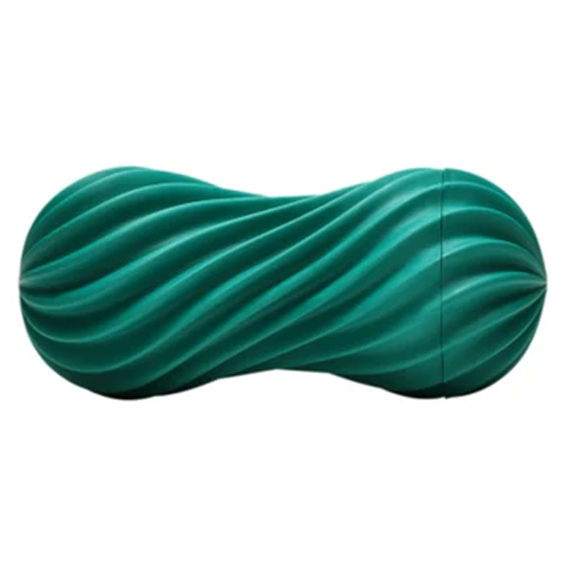 A fizzy green Tenga Flex Male Masturbator with a ribbed and spiral-shaped casing. The product is compact and designed for male use.