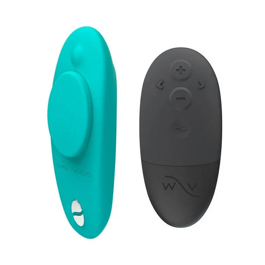 Black and acqua We-Vibe Moxie+ clitoral vibe with remote