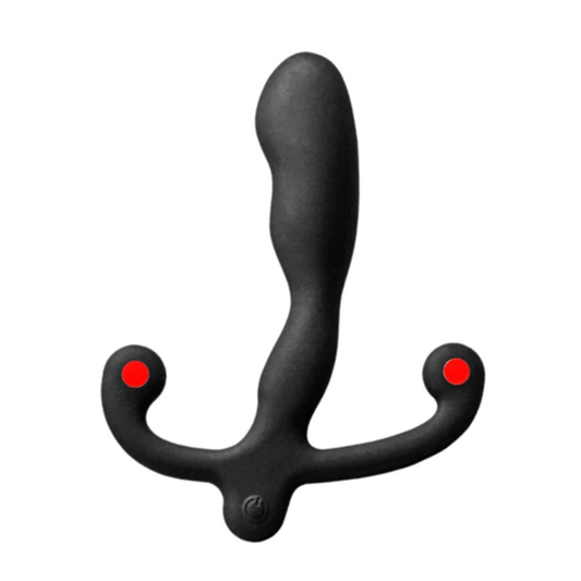 Vibrating black silicone P-spot toy with curved shape