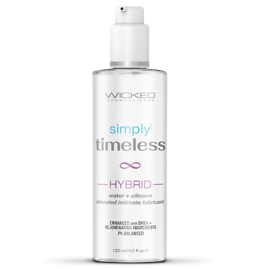A bottle of Wicked Simply Timeless Hybrid Lubricant, 4 oz size, with a white and purple label, indicating it is a water-based hybrid lubricant with plant-derived squalane and vitamin E.
