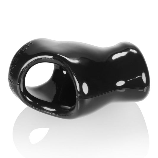 A black, sleek cocksling with an ergonomic design and an extended base. The product has a shiny, smooth finish and is compact in size.