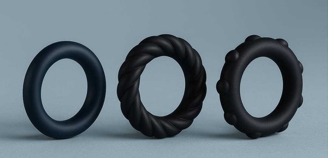 Two soft silicone cock rings in black and blue, placed on a silky surface with modern lighting – ideal for beginner users.