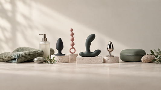 Different anal toy types arranged in a minimal product photography setting for an anal toys buying guide
