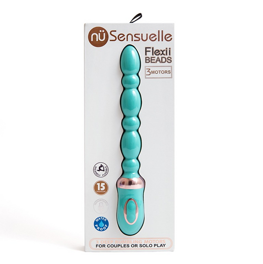 The product image shows the nüsensuelle Flexii Beads in electric blue color. They have a sleek, flexible design with a rounded tip and three motors, highlighted by the brand's logo and product features.