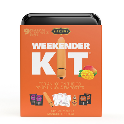 Kama Sutra Tropical Mango Weekender Vibe Kit – bullet vibe, flavored oils, lubes, and play cards in black travel tin  | PurpleNight.ca