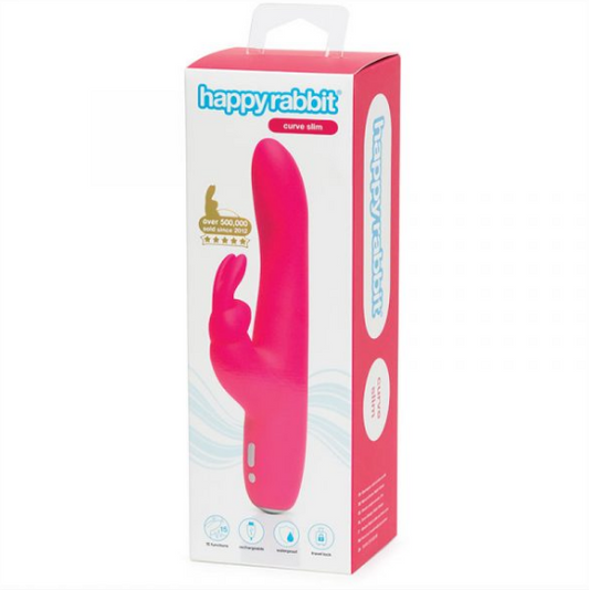 Happy Rabbit Slimline Curve – Pink Rechargeable Slim Rabbit Vibrator with Curved Shaft and Bunny Ears