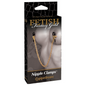 The product image shows a package of the Fetish Fantasy Gold Chain Nipple Clamps with an image of a female torso wearing the clamps. The package highlights the product features such as adjustable pressure, comfortable rubber liners, and sensual chain movement.