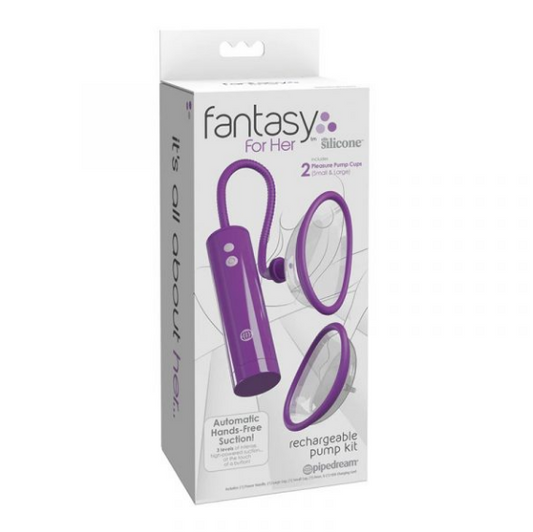 Fantasy for Her rechargeable pussy pump kit with suction domes and USB cable – pink automatic clitoral enhancer