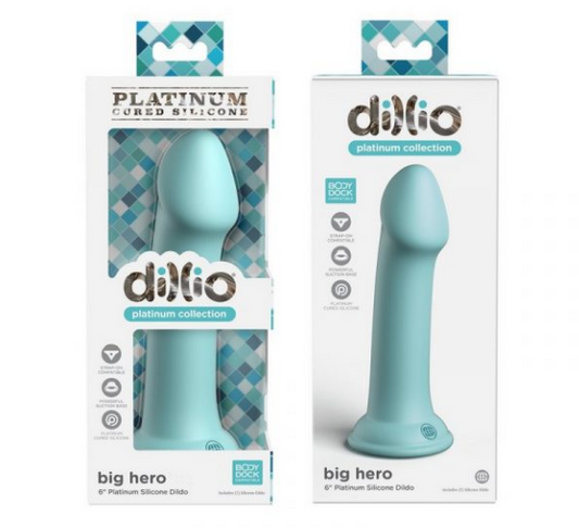 Platinum Big Hero Teal Dillio 6” – teal silicone dildo with suction cup and harness-compatible base