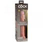 A realistic-looking silicone dildo with a wide suction cup base, packaged in a box that highlights its 10-inch size and dual-density design.