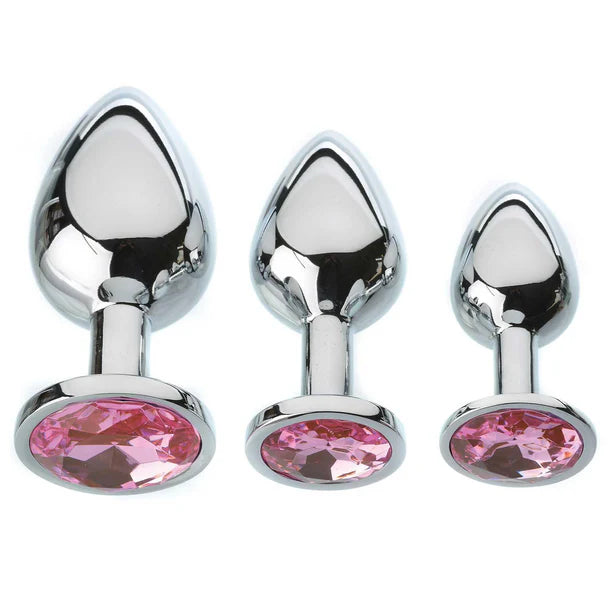 Adam and Eve pink gem anal plug set 3 piece metal plugs graduated sizes polished aluminum