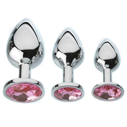 Adam and Eve pink gem anal plug set 3 piece metal plugs graduated sizes polished aluminum