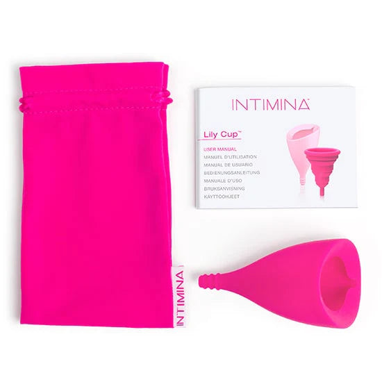 INTIMINA Lily Cup menstrual cup in pink with angled shape and smooth design