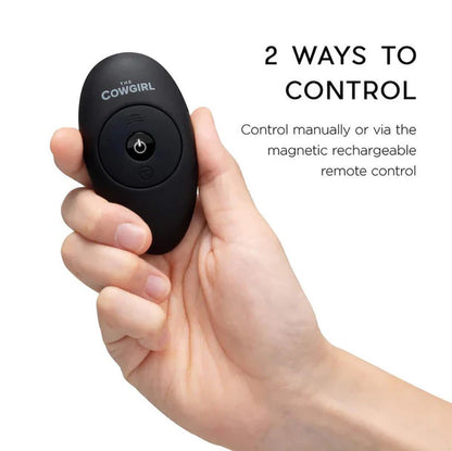 Cowgirl Saddle Machine riding-style device with interchangeable attachments and wireless remote