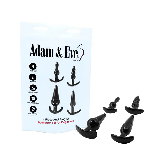 Adam and Eve 4 piece anal plug kit beginner training set multiple sizes black TPE plugs