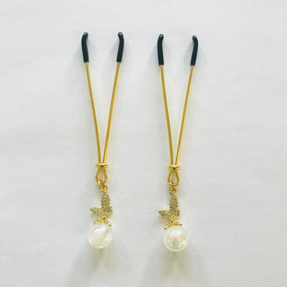 Gold nipple clamps with pearl drop and butterfly charm – PurpleNight.ca