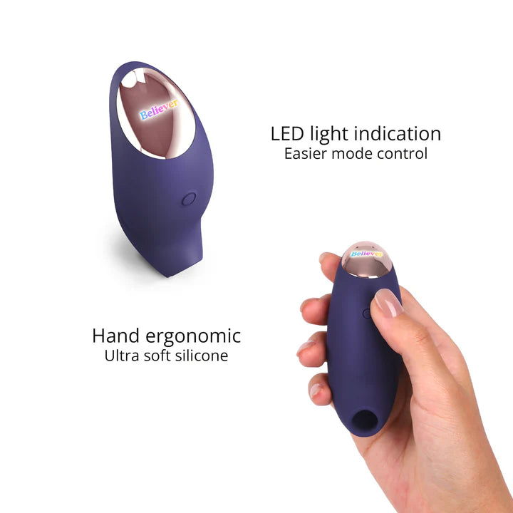 A small, ergonomically designed clitoral stimulator in blush pink, featuring a flapping silicone membrane and LED-lit button.