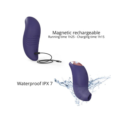 A small, ergonomically designed clitoral stimulator in blush pink, featuring a flapping silicone membrane and LED-lit button.
