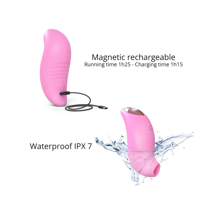 A small, ergonomically designed clitoral stimulator in blush pink, featuring a flapping silicone membrane and LED-lit button.