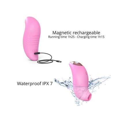 A small, ergonomically designed clitoral stimulator in blush pink, featuring a flapping silicone membrane and LED-lit button.