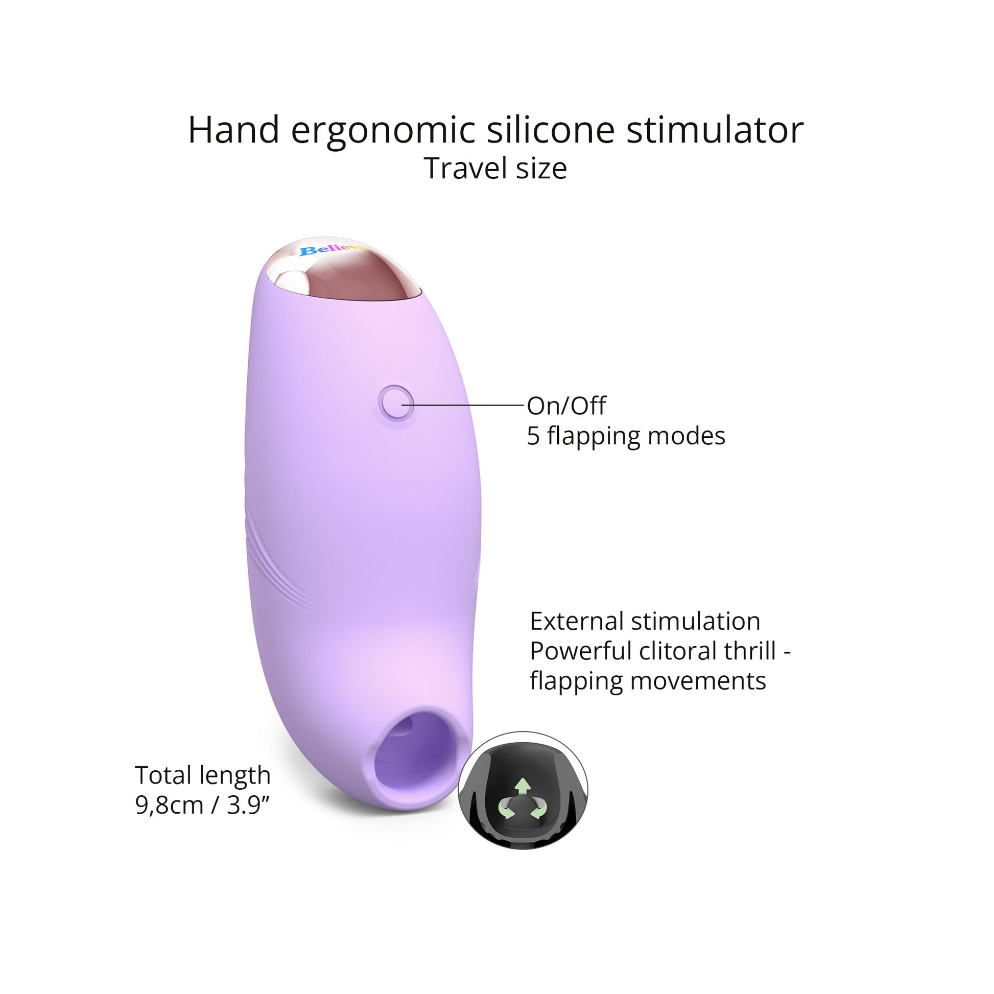 A small, ergonomically designed clitoral stimulator in blush pink, featuring a flapping silicone membrane and LED-lit button.