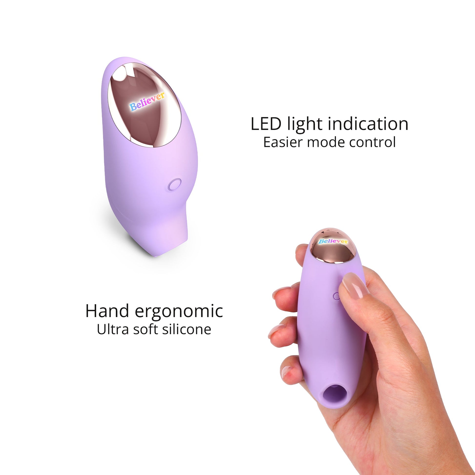 A small, ergonomically designed clitoral stimulator in blush pink, featuring a flapping silicone membrane and LED-lit button.