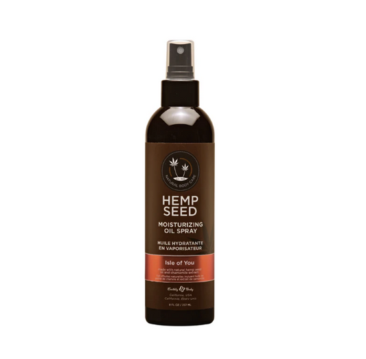 Bottle of Earthly Body Hemp Seed Moisturizing Oil Spray with 'Isle of You' scent, 8 oz size, brown and white packaging.