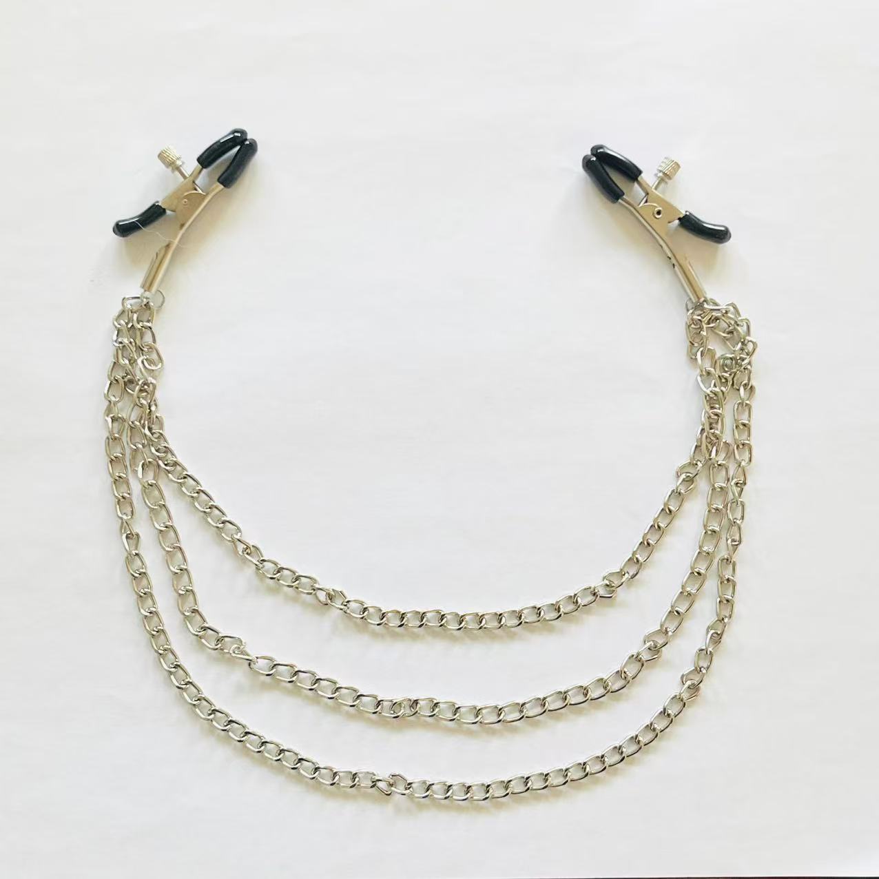 Triple-Chain Nipple Clamps with Adjustable Rubber Tips – Silver BDSM Jewelry Accessory
