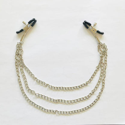 Triple-Chain Nipple Clamps with Adjustable Rubber Tips – Silver BDSM Jewelry Accessory