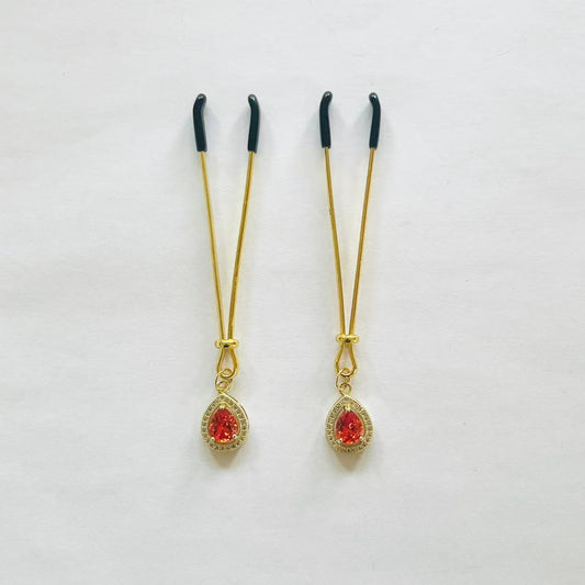 Gold nipple clamps with red-orange teardrop gem and crystal halo – PurpleNight.ca