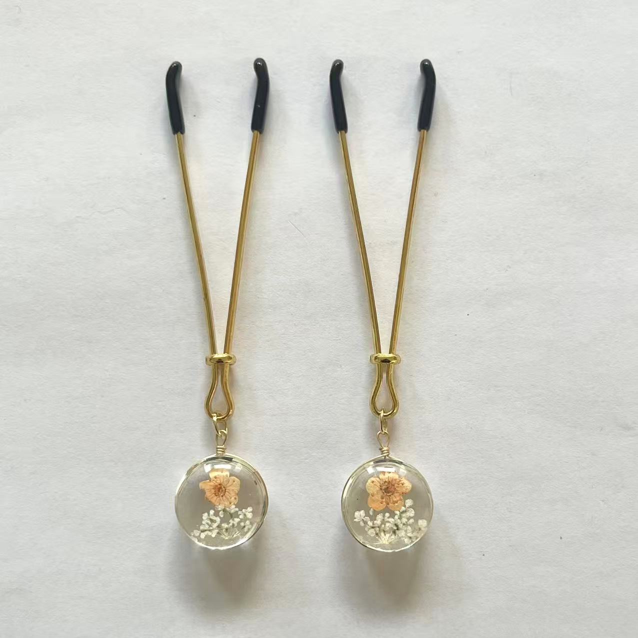 Pressed Flower Globe Nipple Clamps – Botanical Elegance in Glass - Light Orange
