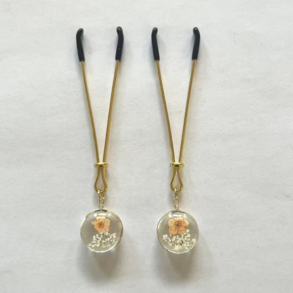 Pressed Flower Globe Nipple Clamps – Botanical Elegance in Glass - Light Orange