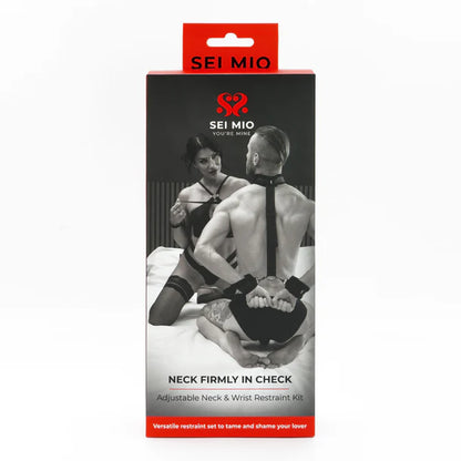 SEI MIO Neck Firmly in Check Kit – black adjustable collar with wrist restraints and strap, beginner-friendly bondage gear

