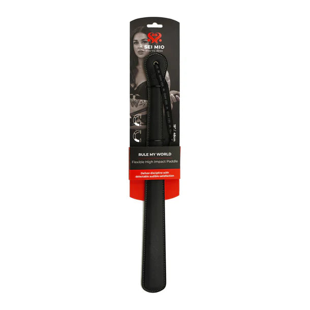 SEI MIO Rule My World Flexible Impact Paddle – black faux leather spanking paddle with wrist loop for BDSM and dominance play.
