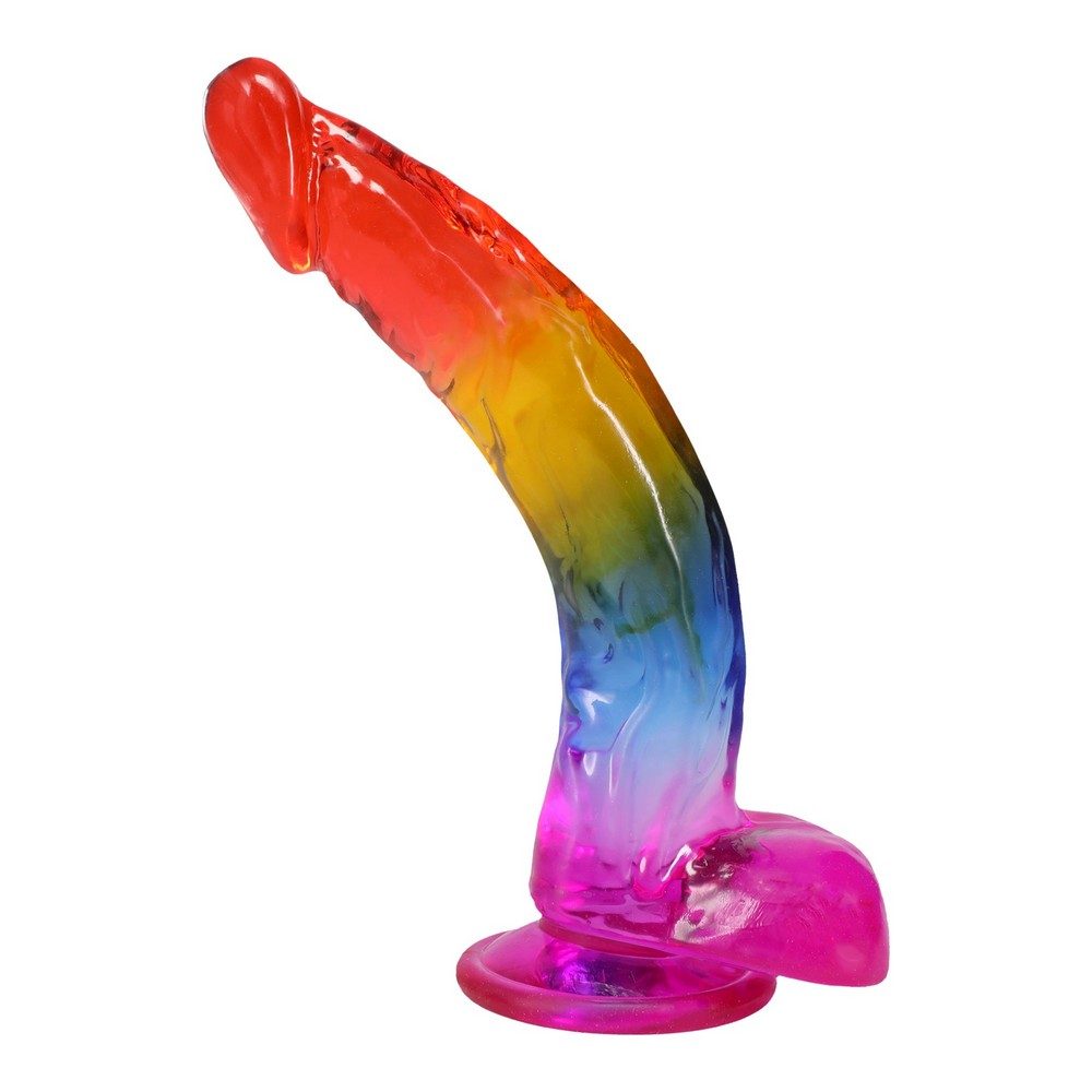 Doc Johnson 9.5 inch Jellies Rainbow Dong with balls – translucent realistic dildo with suction base.