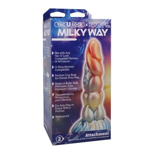 The Milky Way Vac-U-Lock silicone fantasy dildo in pearlized blue, white, and yellow