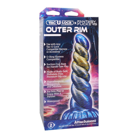 Outer Rim blue and gold ribbed silicone fantasy dildo with rounded tip and suction base