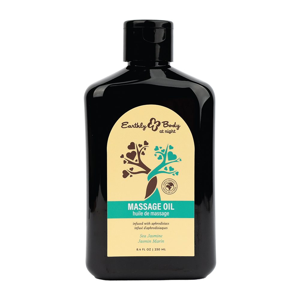 Earthly Body Aphrodisiac Massage Oil – Hemp-infused body oil with vitamin E in sensual amber bottle