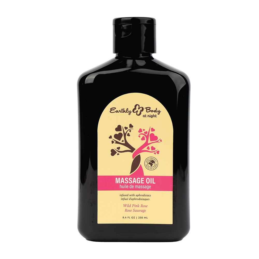 Earthly Body Aphrodisiac Massage Oil – Hemp-infused body oil with vitamin E in sensual amber bottle