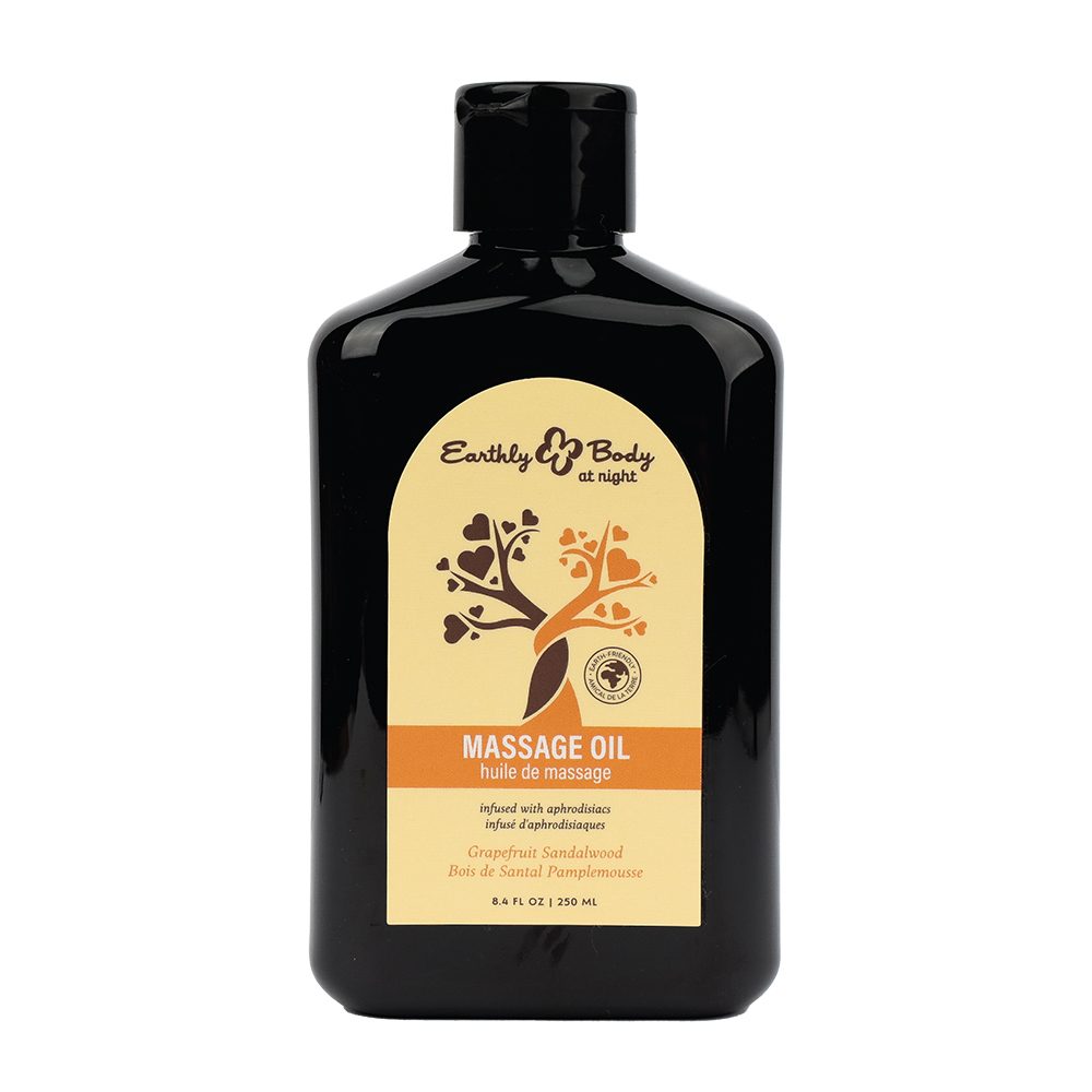 Earthly Body Aphrodisiac Massage Oil – Hemp-infused body oil with vitamin E in sensual amber bottle