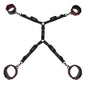 Black restraint set with red leather cuffs on a white background