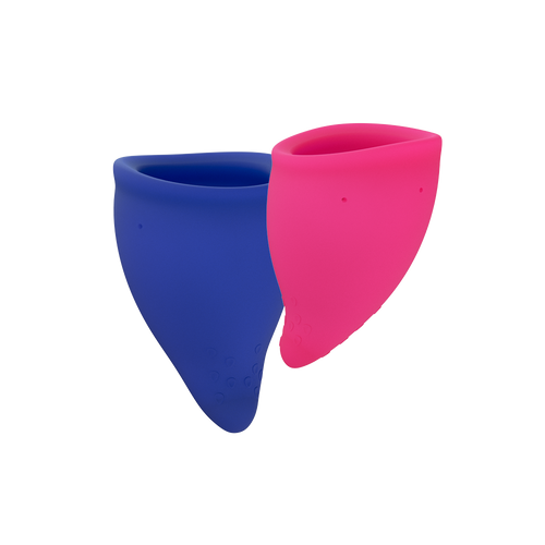 un Factory Fun Cup Explore Kit with two menstrual cups and black antimicrobial storage pouch