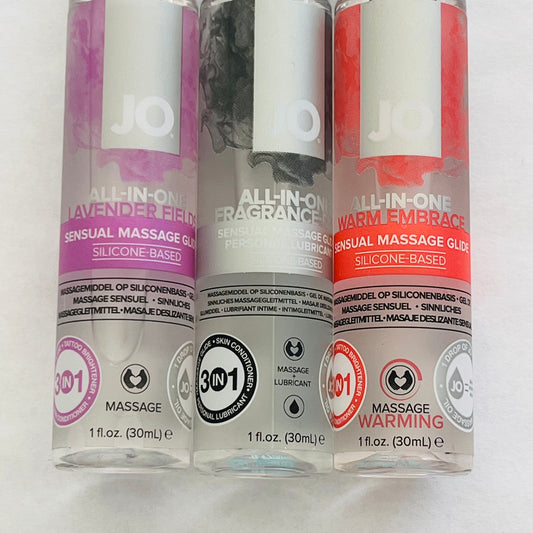 JO All-In-One Silicone Lubricant 3-Pack – Lavender Fields, Fragrance-Free & Warm Embrace (3 x 1 oz)