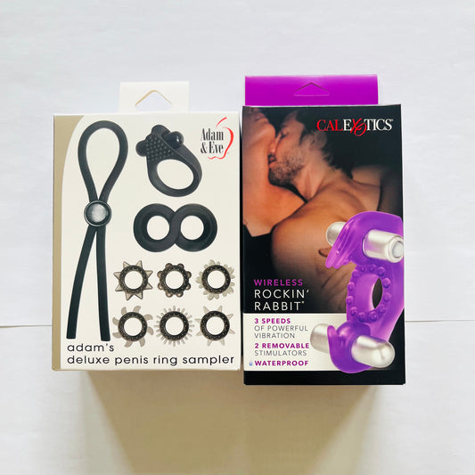 Bundles: Adam & Eve Deluxe Penis Ring Sampler Set & CalExotics Wireless Rockin' Rabbit Vibrating Couples Ring