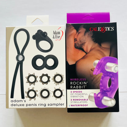 Bundles: Adam & Eve Deluxe Penis Ring Sampler Set & CalExotics Wireless Rockin' Rabbit Vibrating Couples Ring