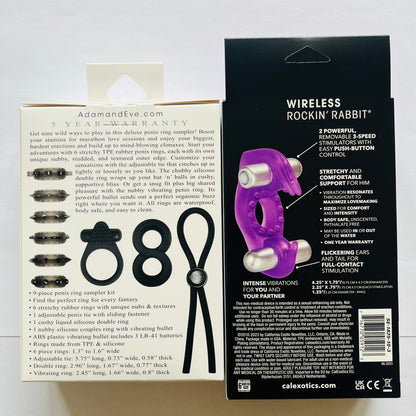 Bundles: Adam & Eve Deluxe Penis Ring Sampler Set & CalExotics Wireless Rockin' Rabbit Vibrating Couples Ring