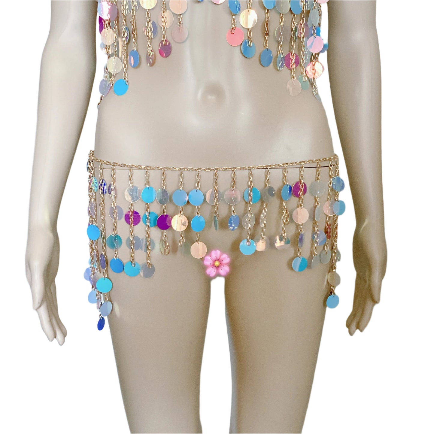 Sequin Chain Bra, Skirt & Face Veil Set – 3-Piece Festival Lingerie